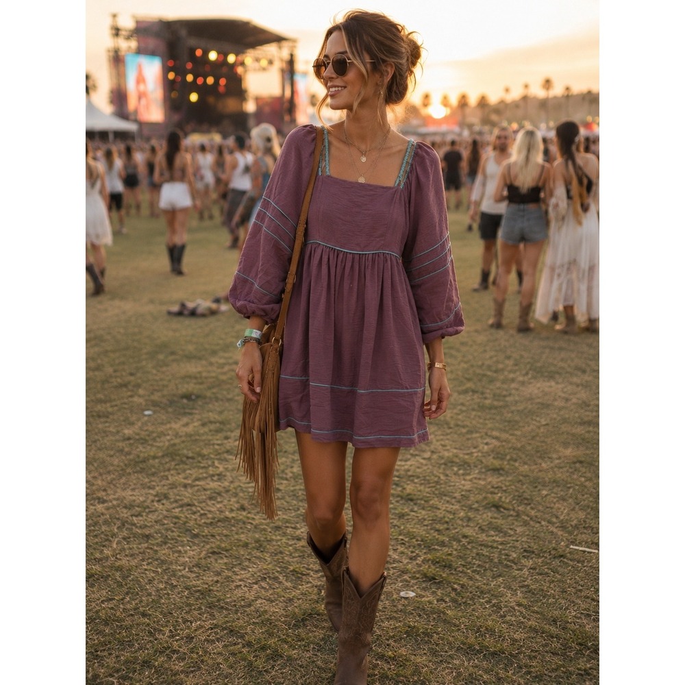 She + Sky Anthropologie Plum Purple Babydoll‎ Mini Dress Balloon Sleeve Small